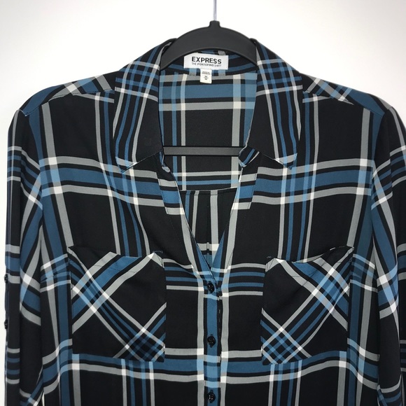 Express The Portofino Shirt Blue Black Plaid - Picture 5 of 10